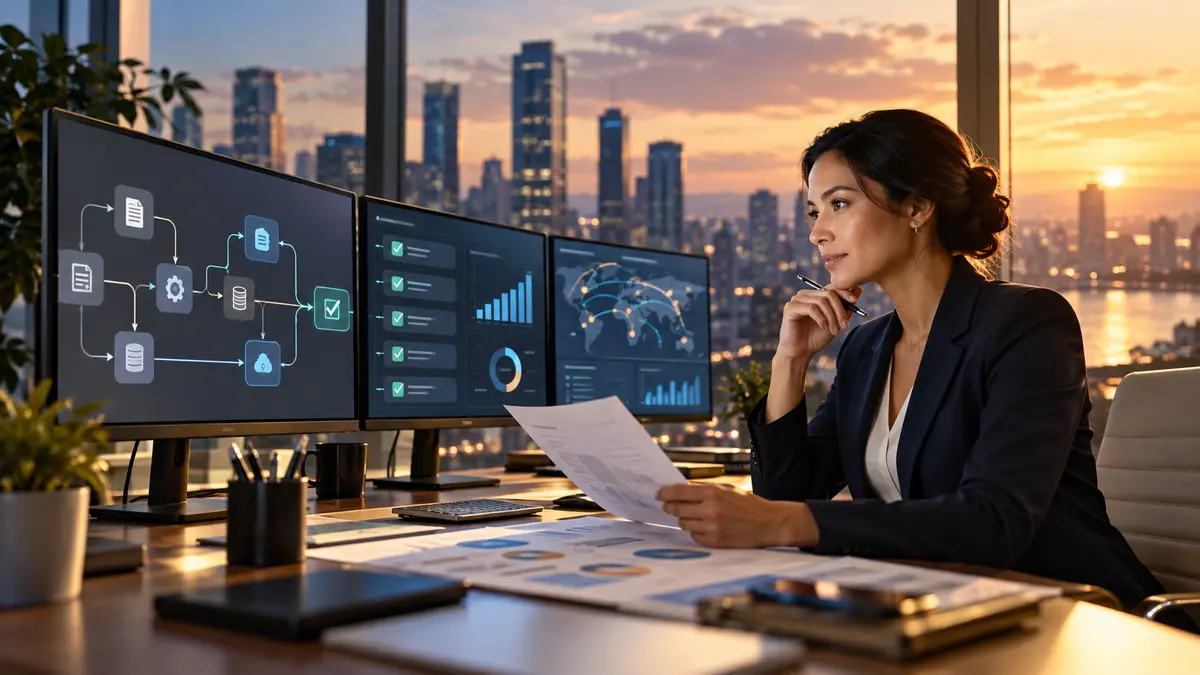 Professionnelle supervisant des agents IA et des flux de travail automatisés dans un bureau lumineux