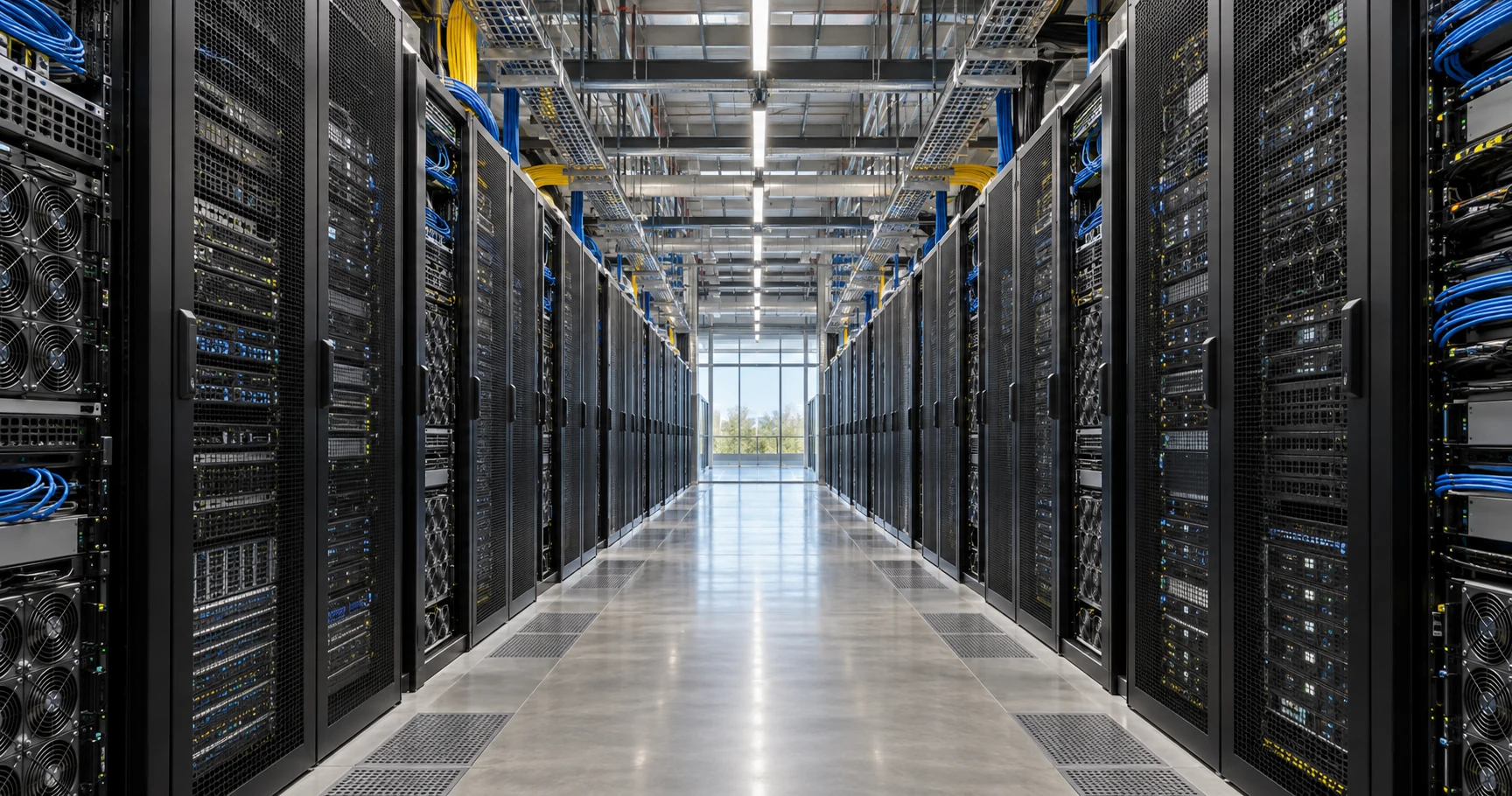 Allée de serveurs dans un data center dédié au calcul pour l’intelligence artificielle