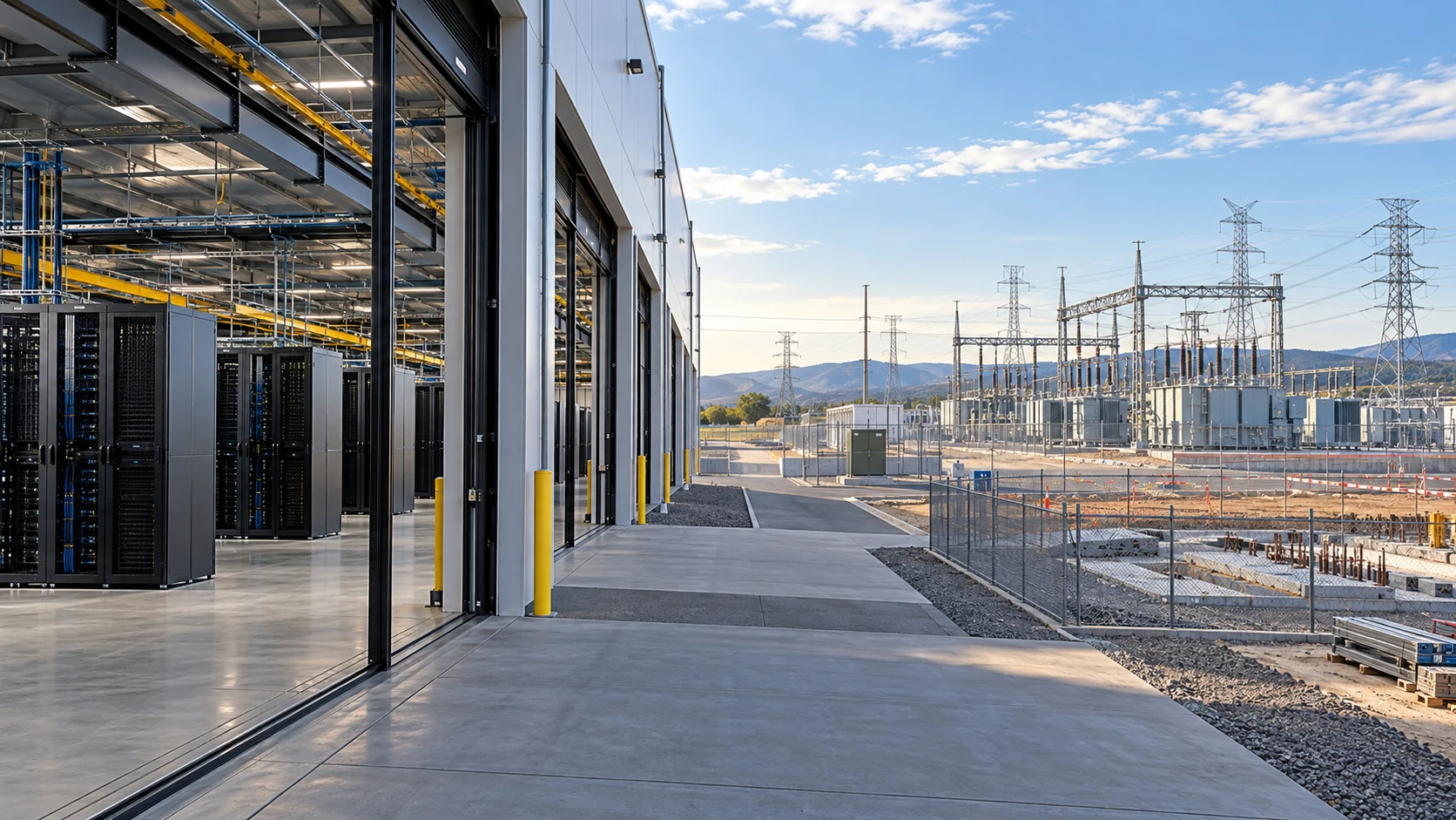 Illustration d’un data center dédié à l’intelligence artificielle, avec racks de serveurs et sous-station électrique en extension
