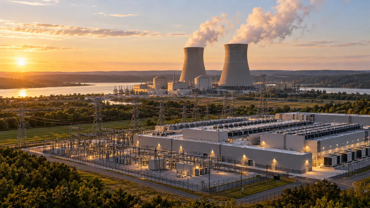 Centrale nucléaire reliée à un grand centre de données et à son infrastructure électrique