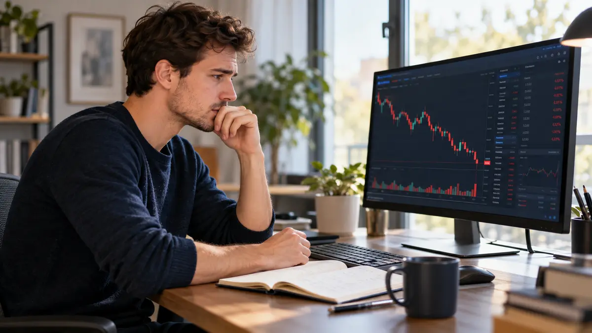 Investisseur débutant réfléchissant devant un graphique boursier en baisse sur son ordinateur
