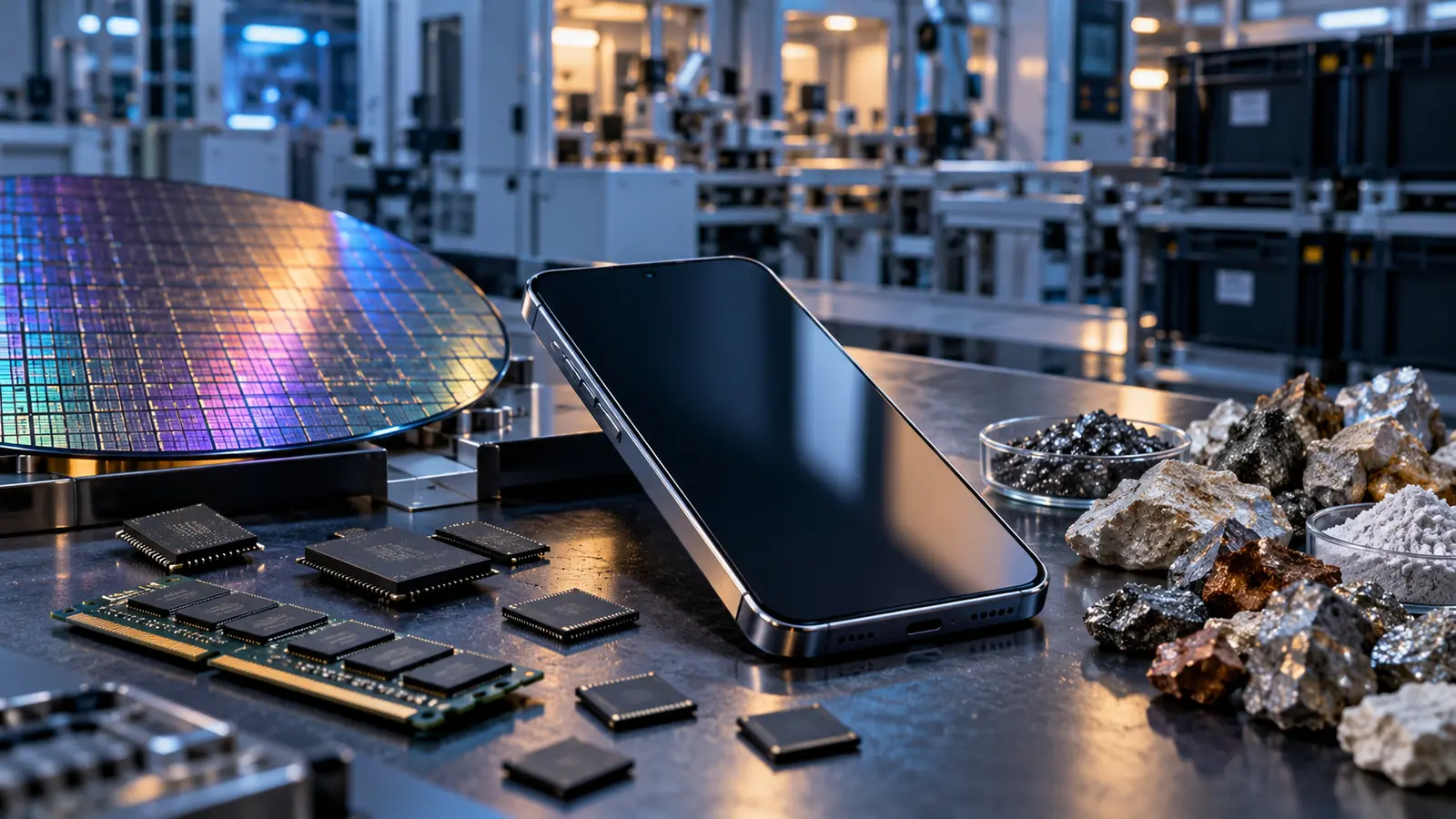 Smartphone entouré de puces mémoire, d’un wafer de silicium et de minerais dans une usine de semi-conducteurs