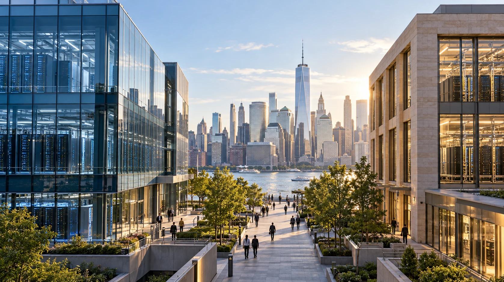 Illustration de deux pôles de calcul face au quartier financier new-yorkais, évoquant OpenAI et Anthropic dans la course au capital
