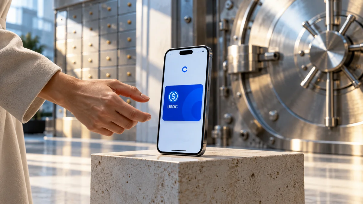 Smartphone illustrant un portefeuille USDC devant une infrastructure de conservation sécurisée