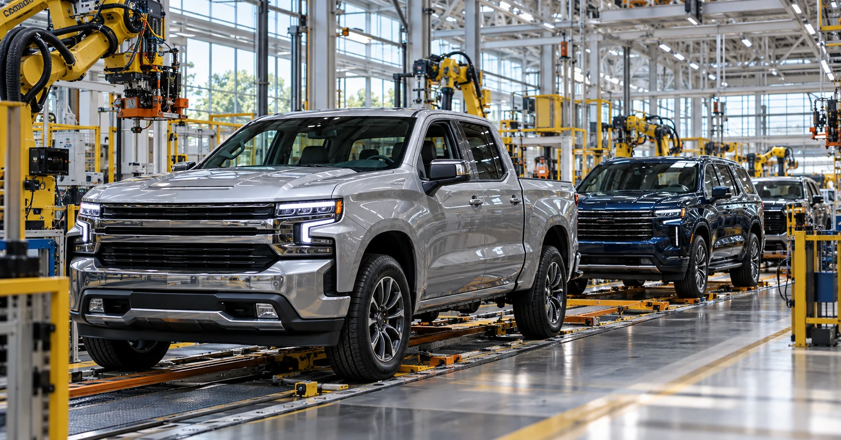 Pickup et SUV sur une chaîne automobile moderne, illustration de l’analyse des résultats de General Motors