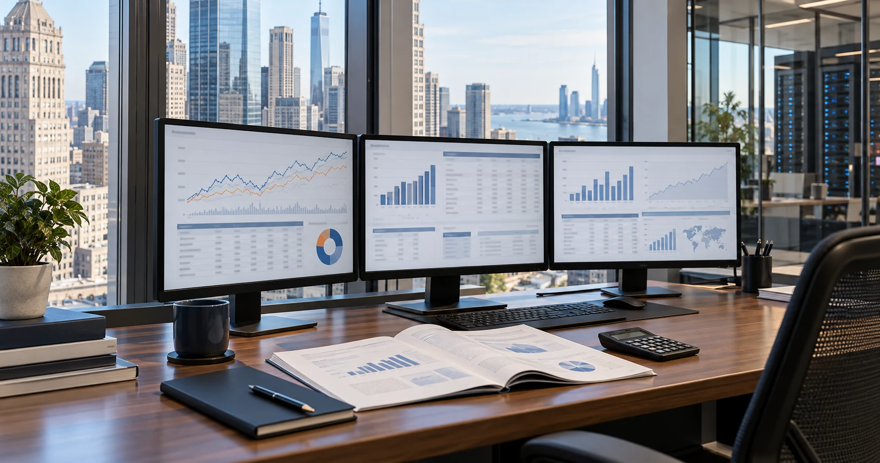 Écrans d’analyse financière et rapports de résultats dans un bureau du quartier financier de New York