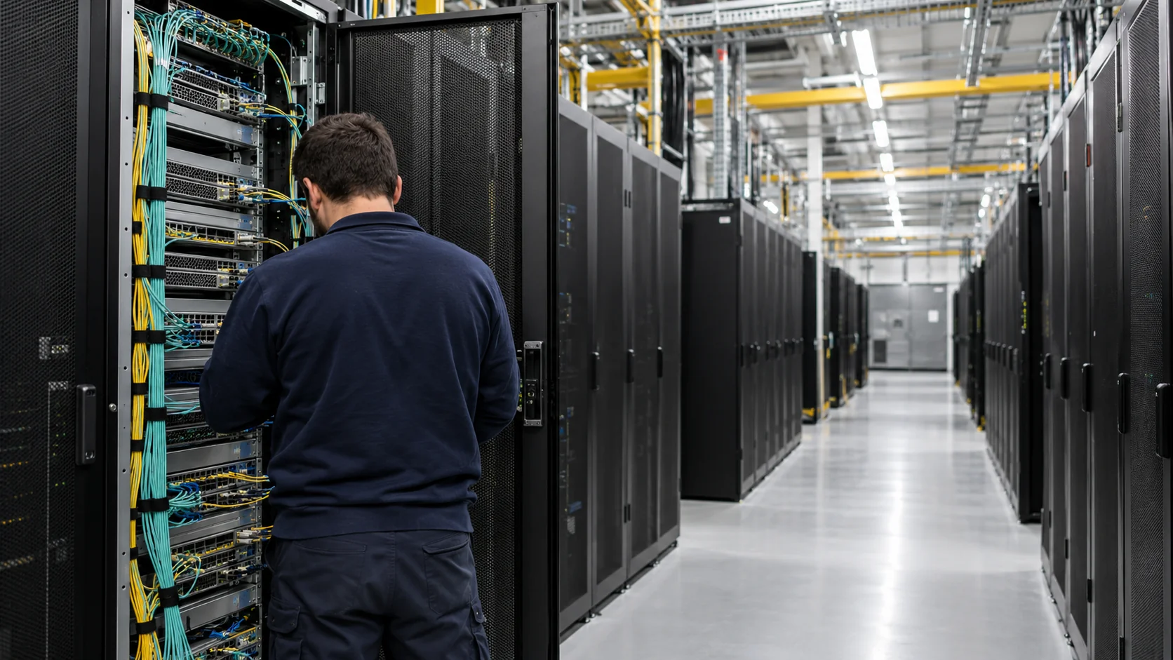 Technicien devant des serveurs dans un data center, illustration réaliste des investissements cloud de Microsoft, Alphabet et Amazon