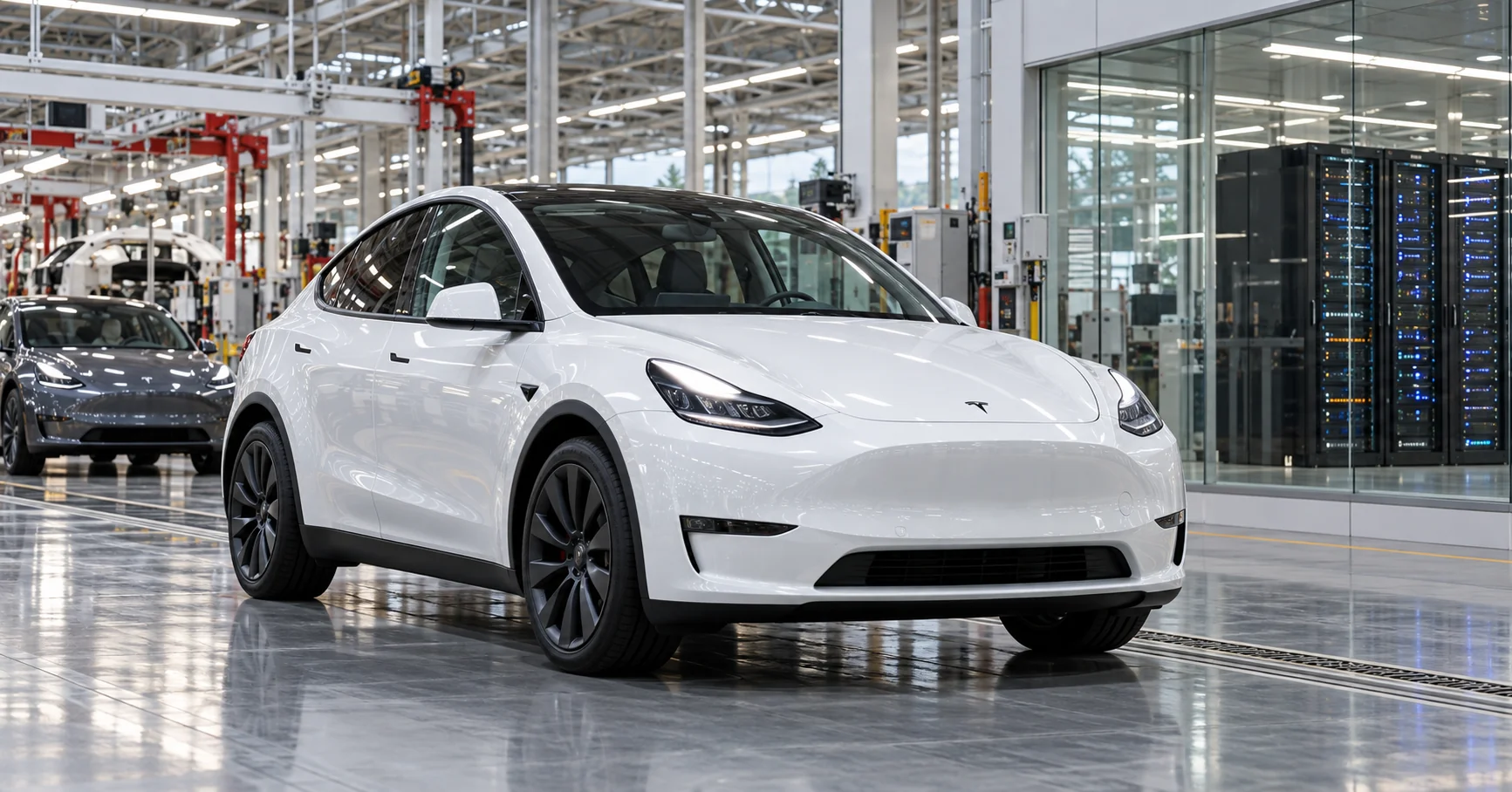 Véhicules Tesla dans un environnement industriel lumineux, avec des serveurs de calcul en arrière-plan — illustration