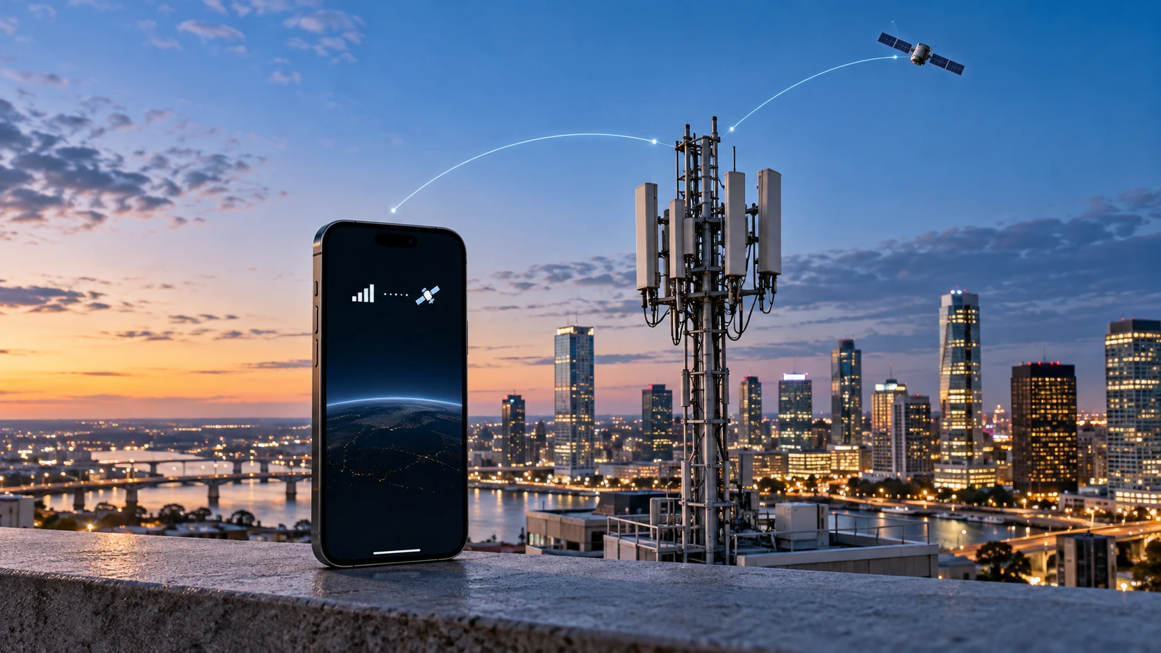 Smartphone, antennes cellulaires et satellite au-dessus d’une ville américaine, illustration d’un réseau mobile hybride