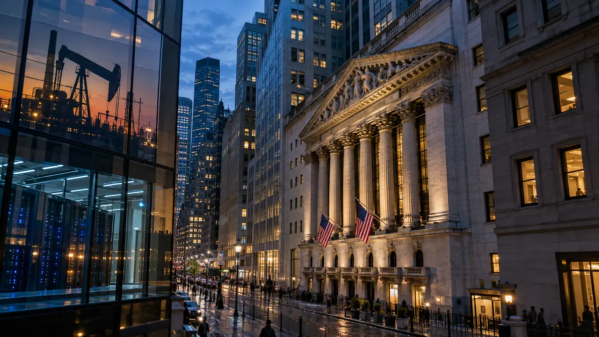 Quartier financier de Wall Street avec des reflets évoquant le pétrole et les infrastructures de centres de données